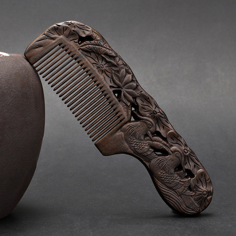 Wooden Ebony With Handle 180 Double-sided Carved Comb