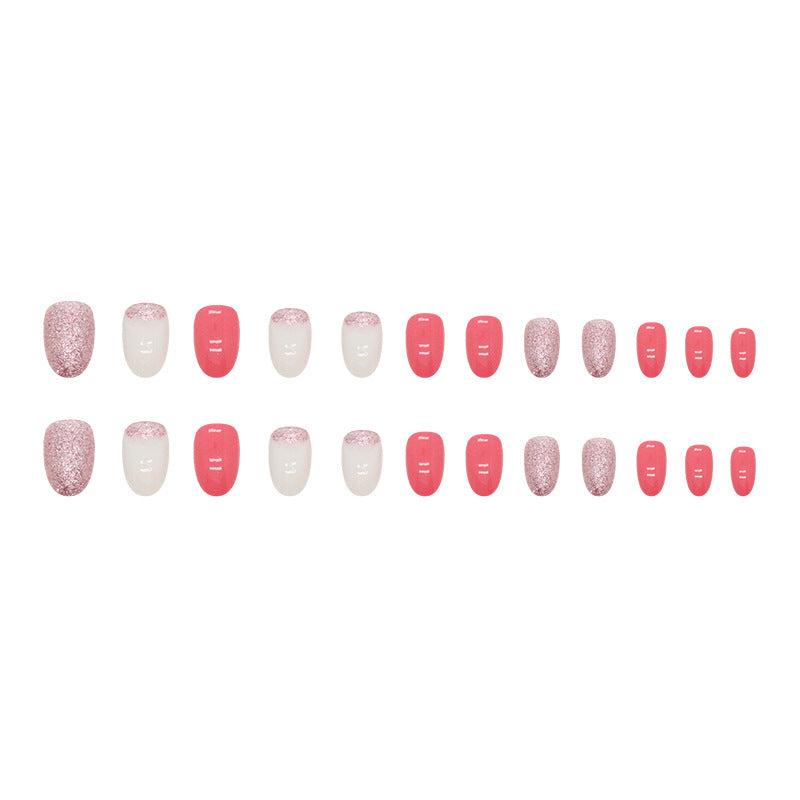 Oval Round Head European And American Ins Style Fresh Sweet Summer White Rose Pink Wear Nail