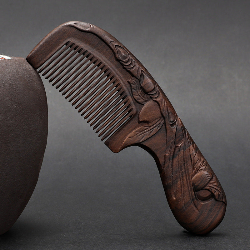 Wooden Ebony With Handle 180 Double-sided Carved Comb