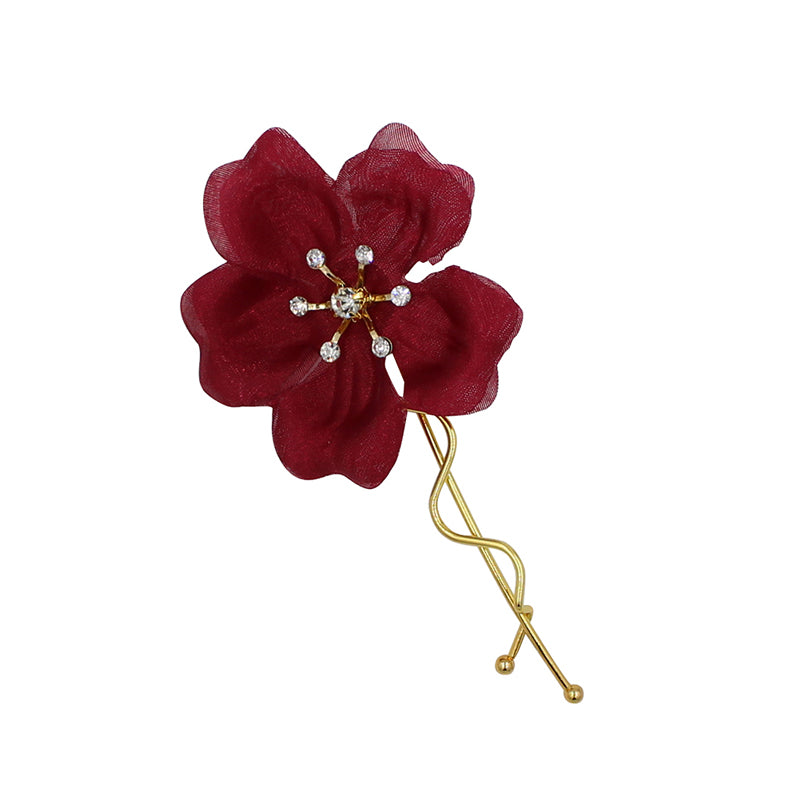 Shiny Diamond Heart Gauze Flower Bridal Hairpin