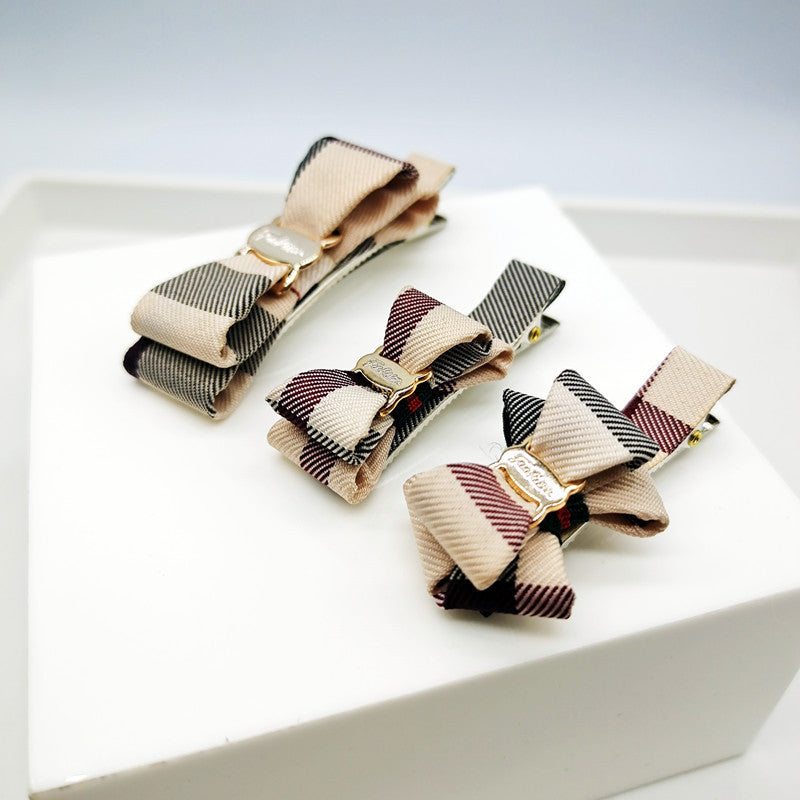 Fabric Plaid Shark Clip Hairpin Bowknot Female