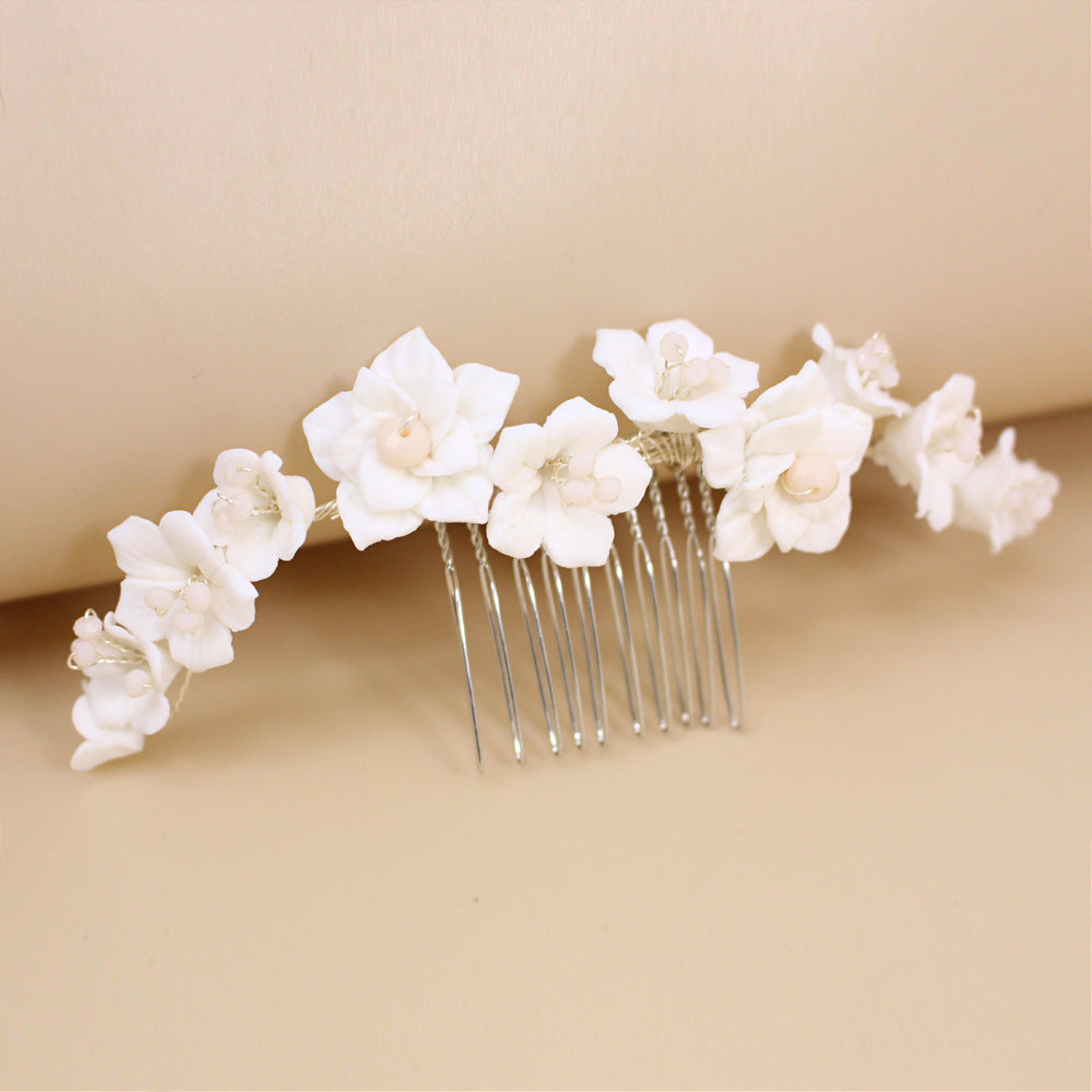 White Ceramic Flower Crystal Hair Comb