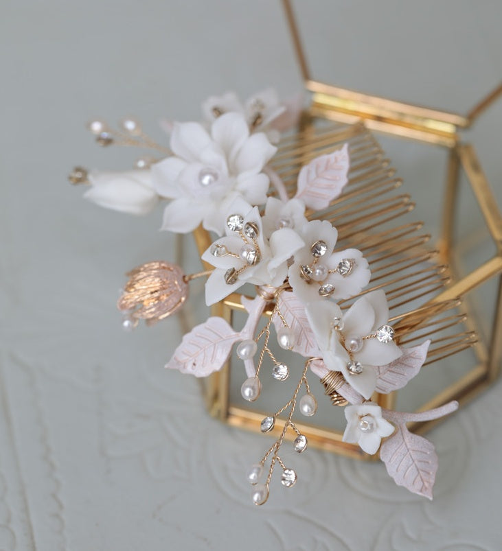 Ceramic Flower White Complex Rhinestone Hair Comb