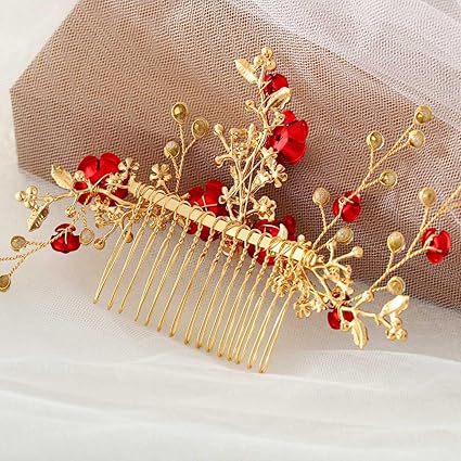 Bridal Red Flower Hair Comb Wedding Accessories