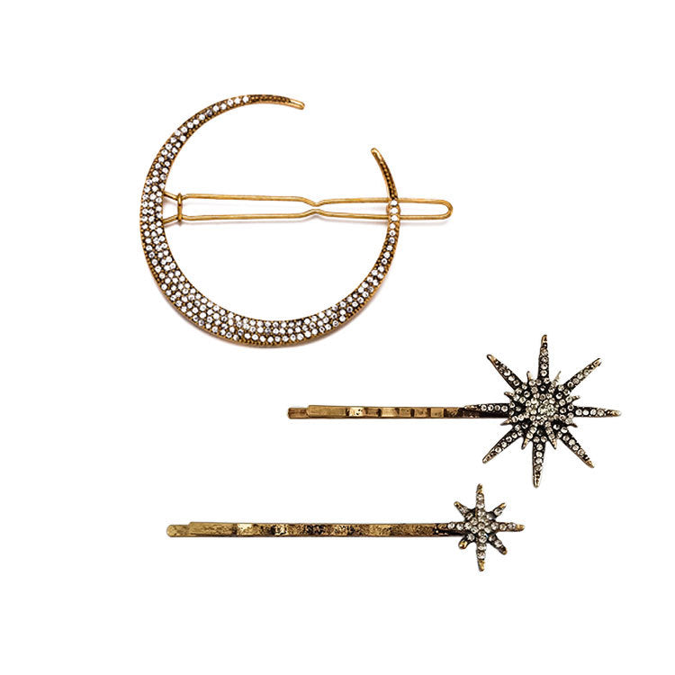 Retro Geometric Diamond Moon Snowflake Star Hairpin Set Word Clip
