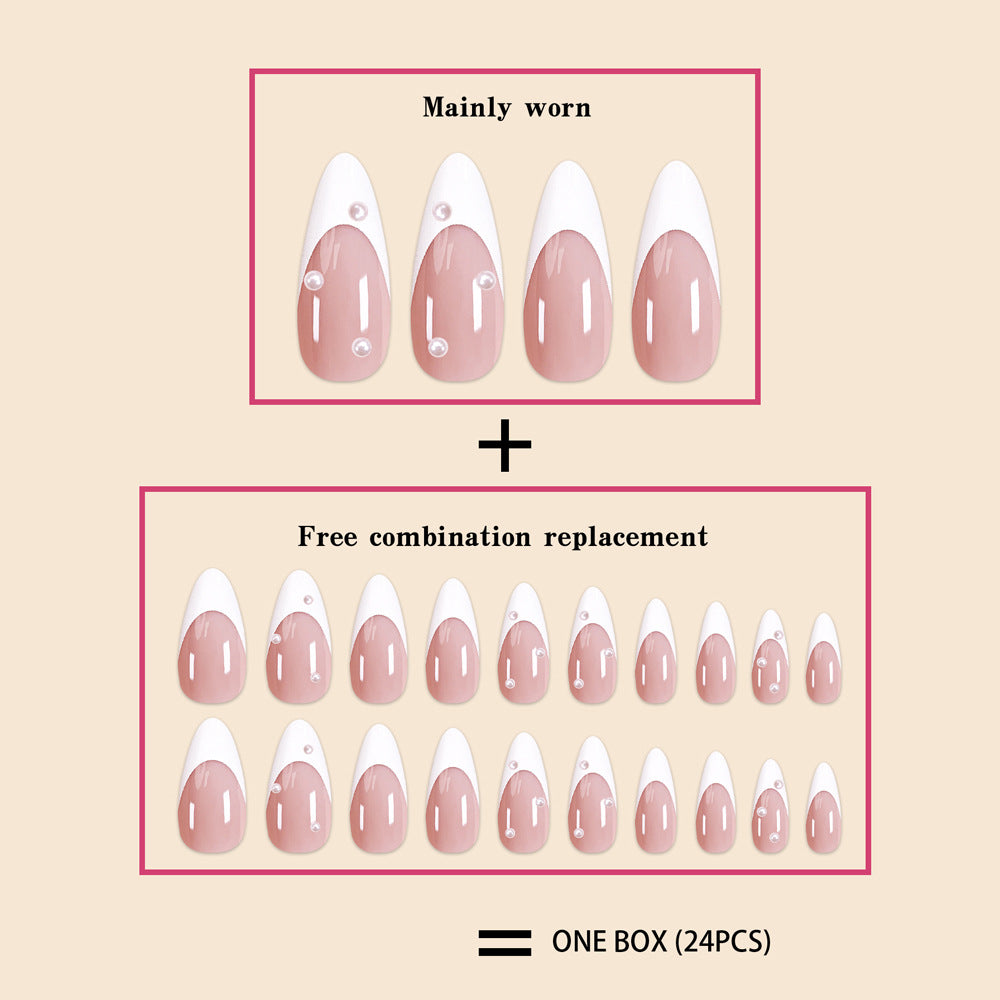 Mid-length French White Edge Pearl Nail Beauty Patch Removable