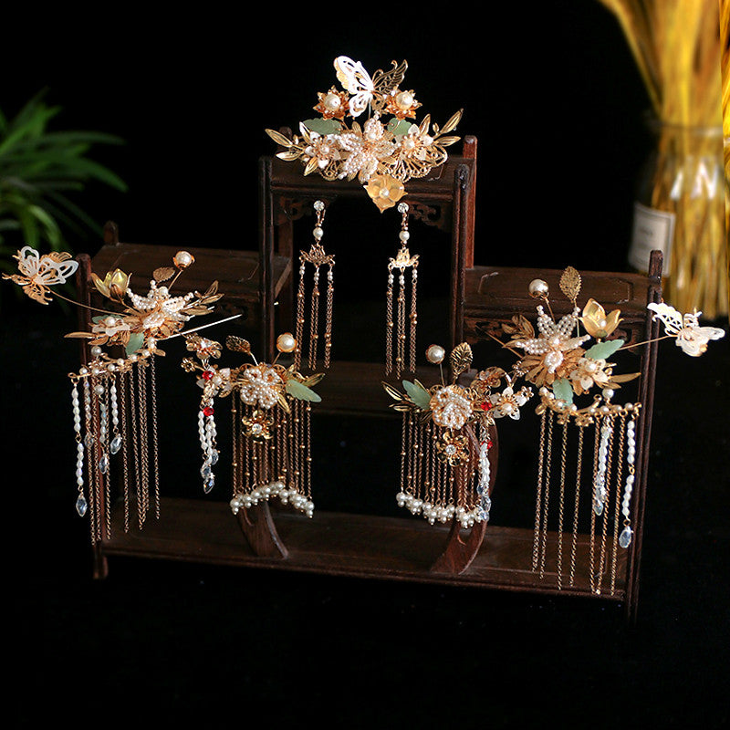 Beaded Chinese Tassel Xiuhe Tiara Set