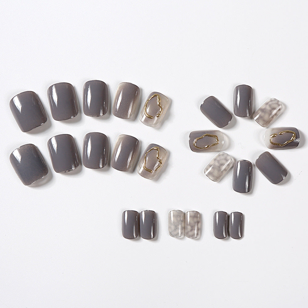 Autumn And Winter Ice Transparent Gray Gold Coil Square Short Nail Tip