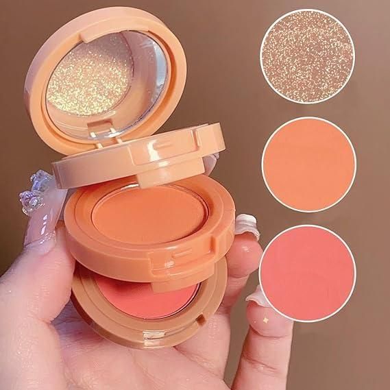 3 In1 Face Blusher + Highlighter With Mini Compact Travel Friendly Palette