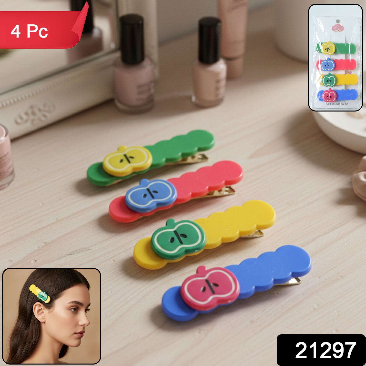 Cute Apple Design Hair Clip Set (4 Pc)
