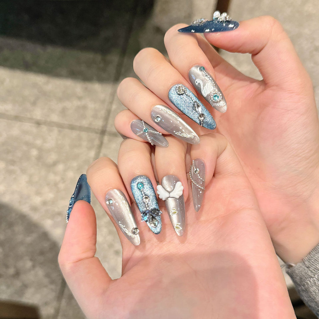 Angel Wing Feather Haze Blue-gray Cat-eye Ethereal Nail Art