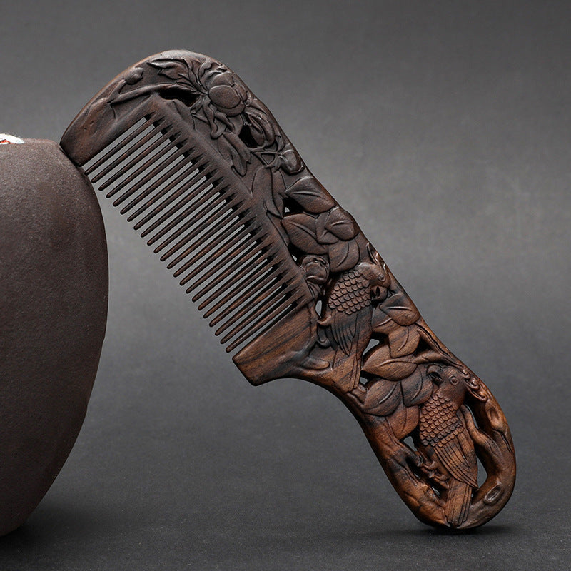 Wooden Ebony With Handle 180 Double-sided Carved Comb