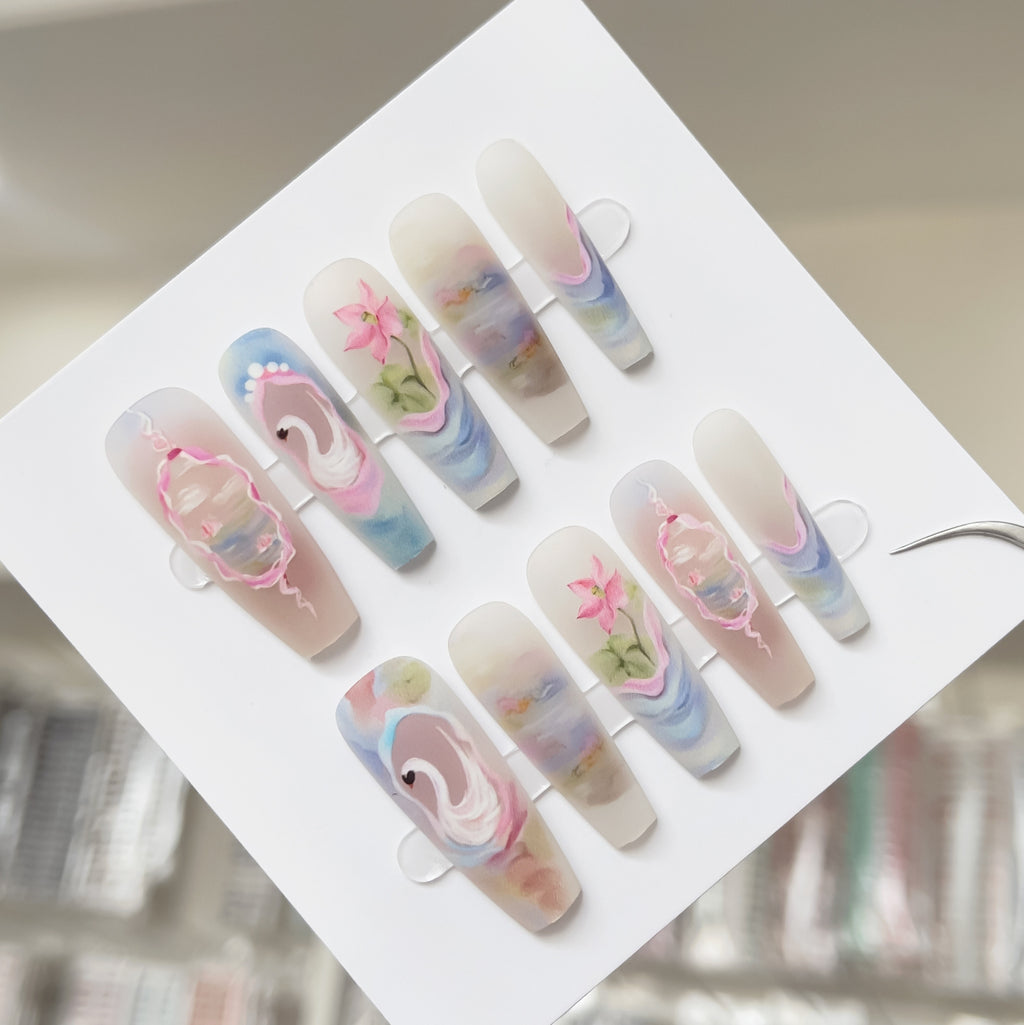 Press On Nails Ancient Style National Style Swan Lake Blooming Prefabricated Nail Tip Wear Armor