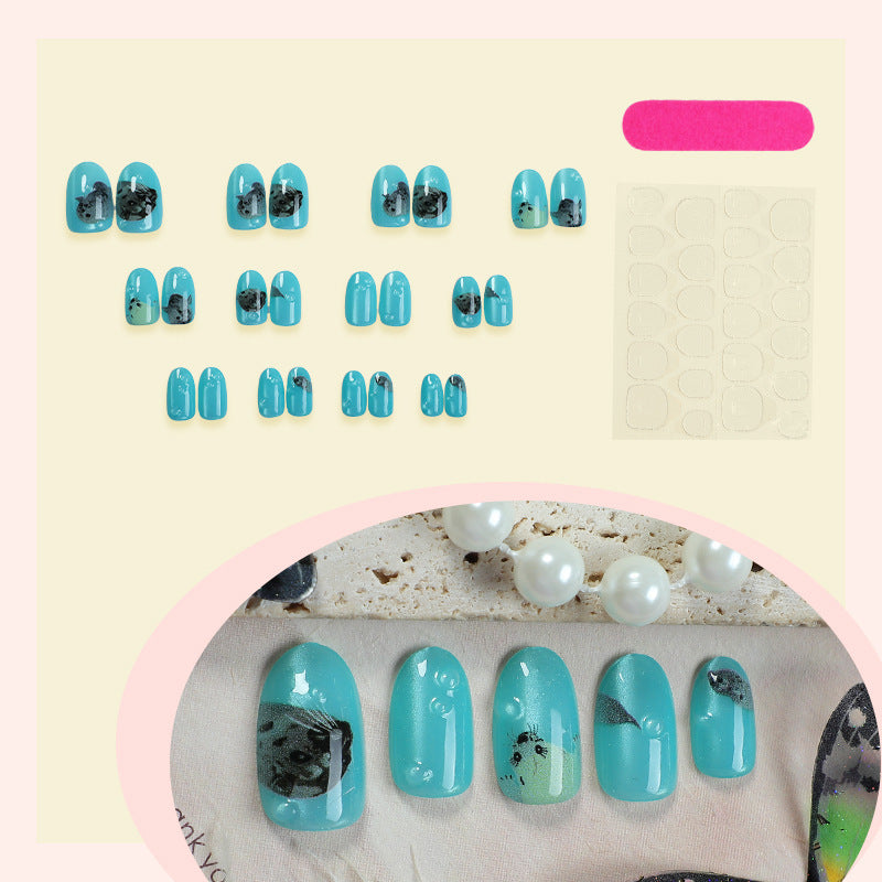 Oval Ocelot Cat-eye Ocean Blue Nail Tips For Wearable Nails