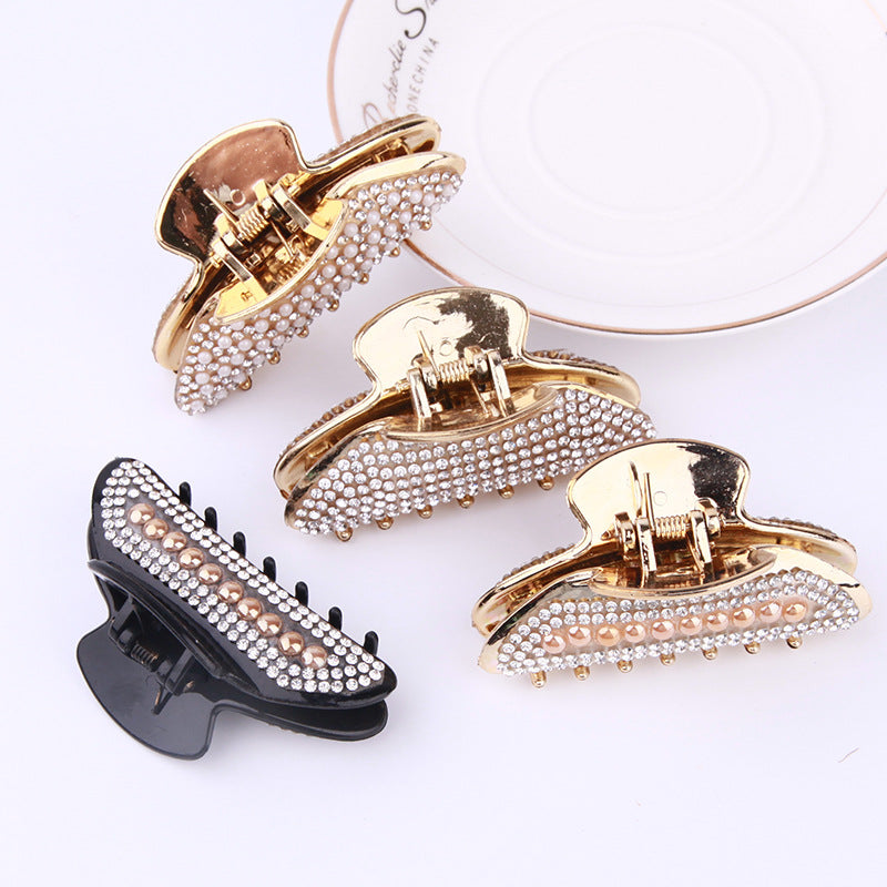 Simple Electroplated Pearl Rhinestone Moon Clip Ingot Claw Medium Plastic Grip