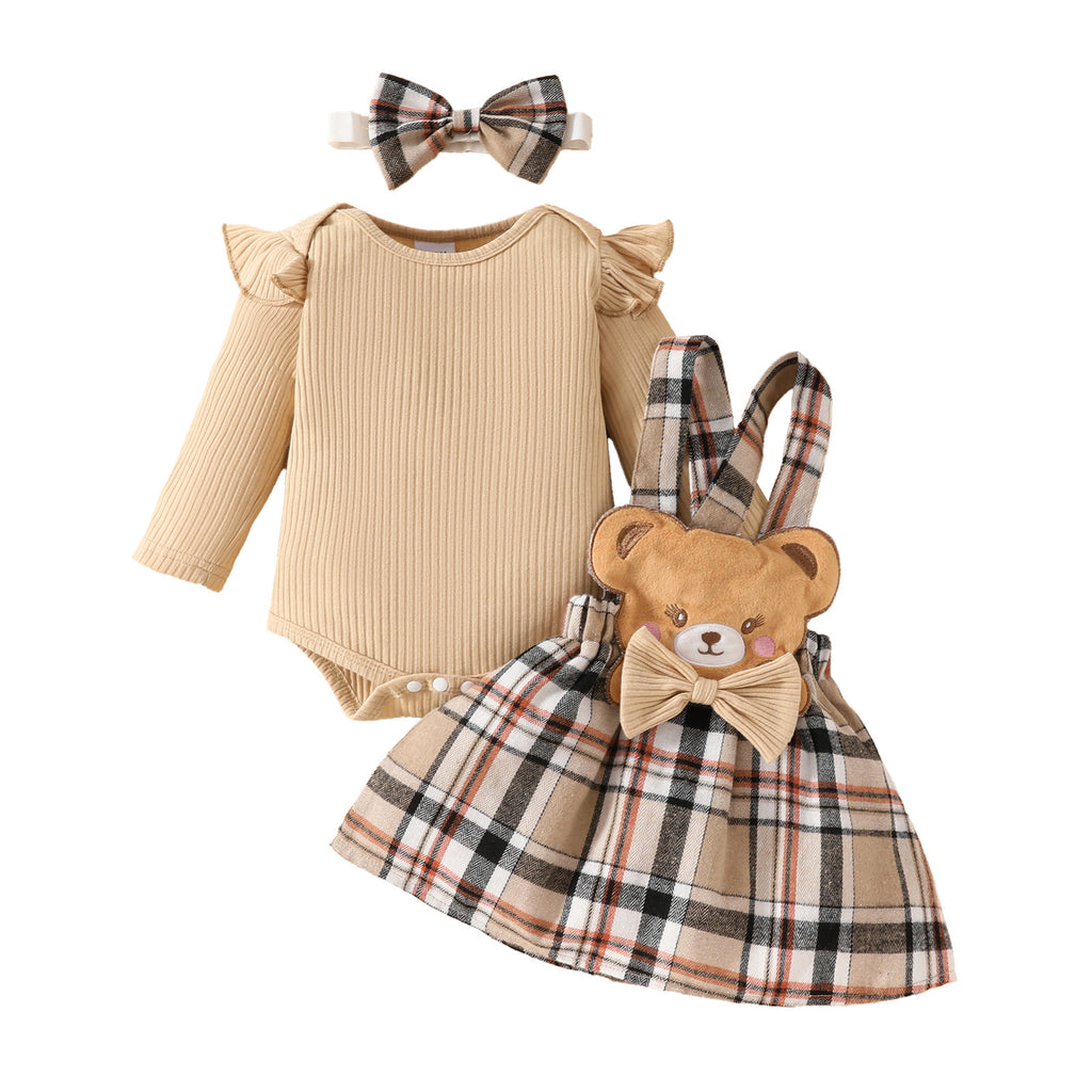 Girls' Fashion Minimalist Long Sleeve Triangle Rompers Bow Plaid Bear Doll Suspender Dress Hair Band Set