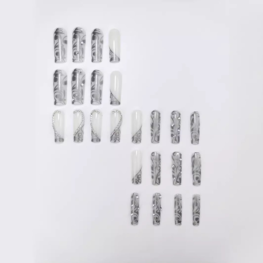 Diamond Long Square Black French Manicure Three-dimensional Love Diamond In The Debris Wear Nail