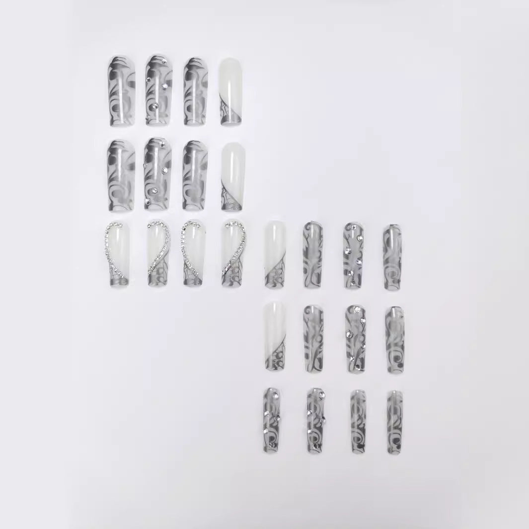 Diamond Long Square Black French Manicure Three-dimensional Love Diamond In The Debris Wear Nail