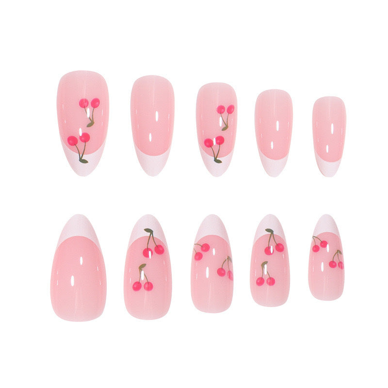 Cherry French Almond-Shape Removable Nail Tips Set Long Lasting Delicate And Girly Style