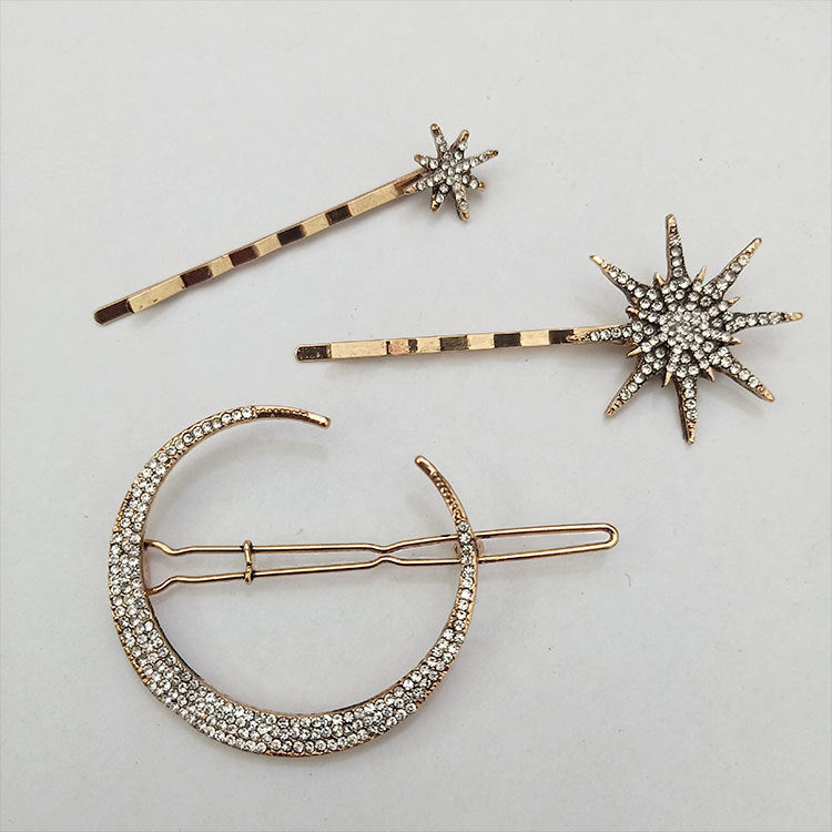 Retro Geometric Diamond Moon Snowflake Star Hairpin Set Word Clip