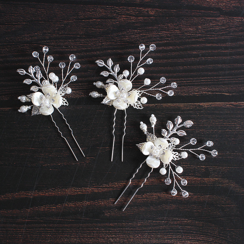 Korean Style Bridal Headdress Pearl Flower Leaf Fork