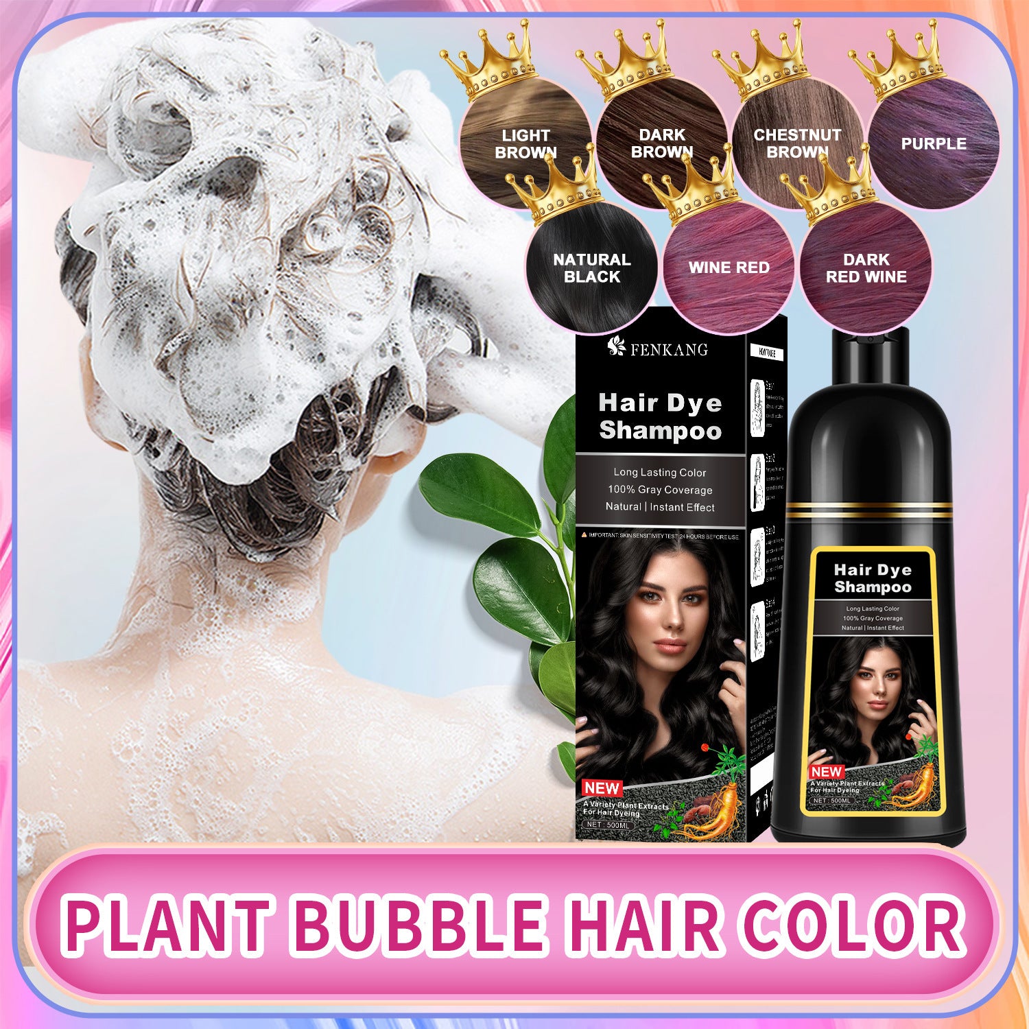 FENKANG English Black Plant Hair Dye Covering Gray Hair Wash Black Bubble Hair Color Cream
