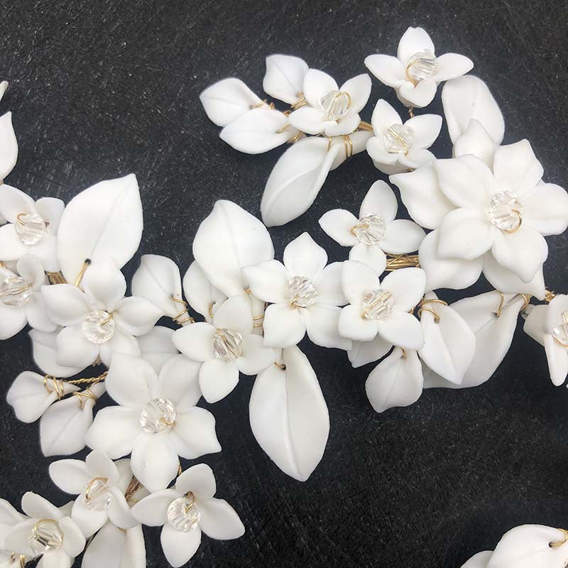 White Ceramic Flower Golden Hair Comb