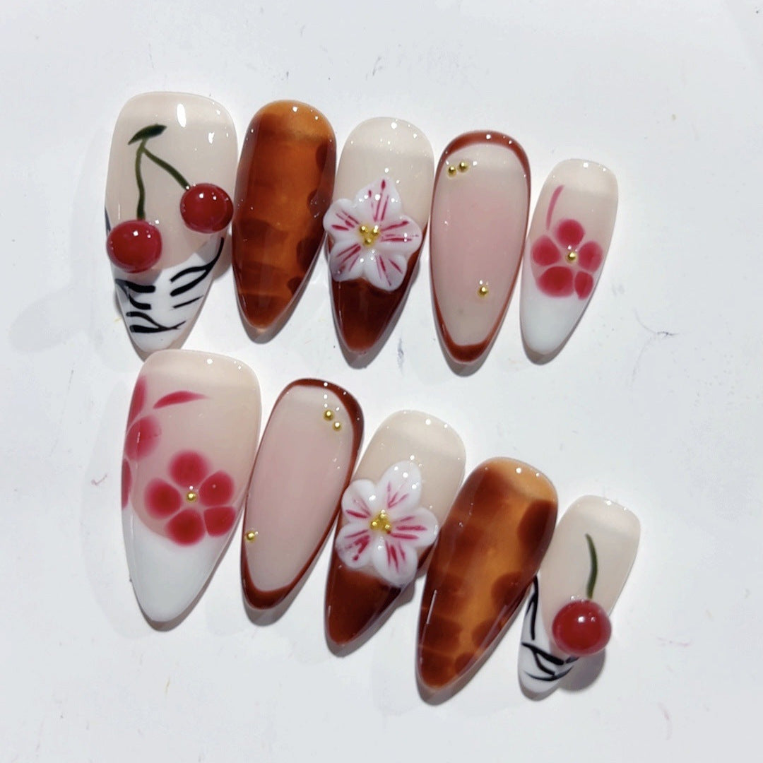 Amber Almond Luxury Press On Nail Three-dimensional Carved Autumn And Winter Painted Cherry
