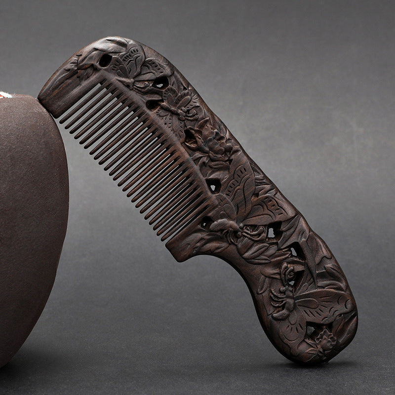 Wooden Ebony With Handle 180 Double-sided Carved Comb