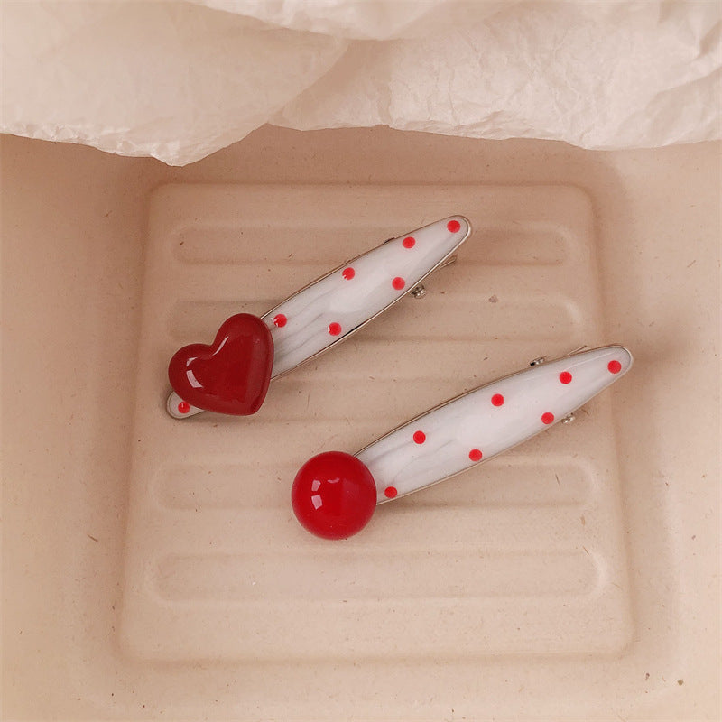 Red Stereo Love Heart-shaped Hairpin French Retro Dots Willow Leaf Clip