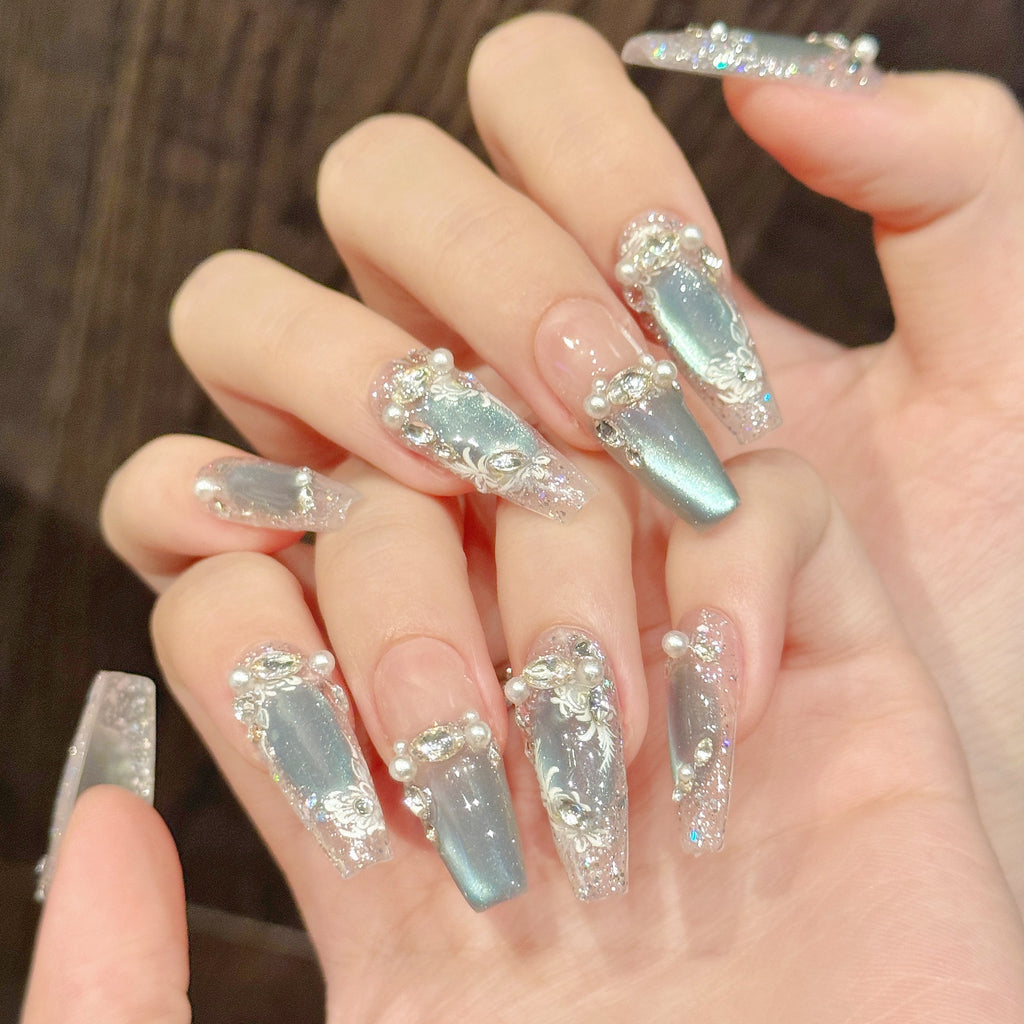Ice-transparent Blue Crystal Cat-eye Pearl Whitening Nail Stickers