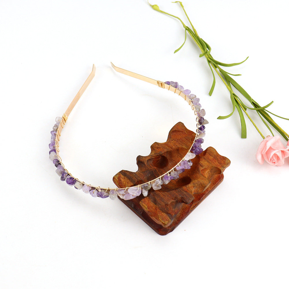 Winding Golden Double Row Natural Crystal Gravel Headband