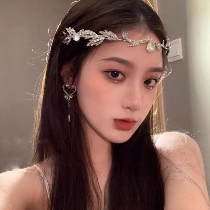 Crown Mori Style Leaves Water Drop Full Diamond Bride Forehead Ornament Super Fairy Princess On The Run Hair Band