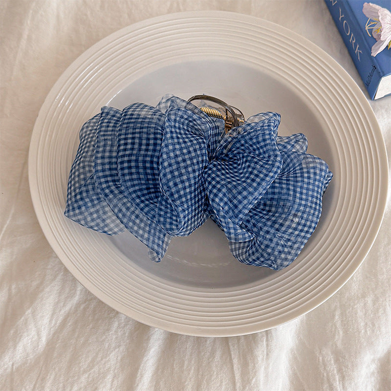 Tibetan Blue Grid Seersucker Back Head Shark Clip Fashion Hairpin