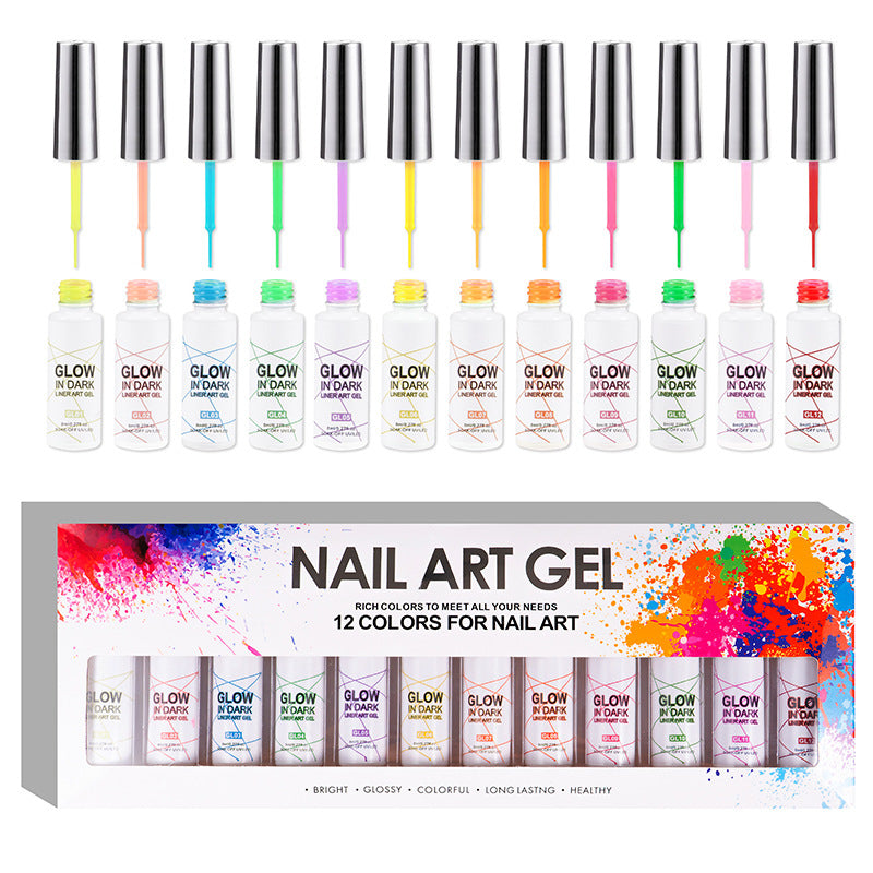 Glow In Dark 12 Color Set Phototherapy 3D Painted Glue Luminous Nail Polish