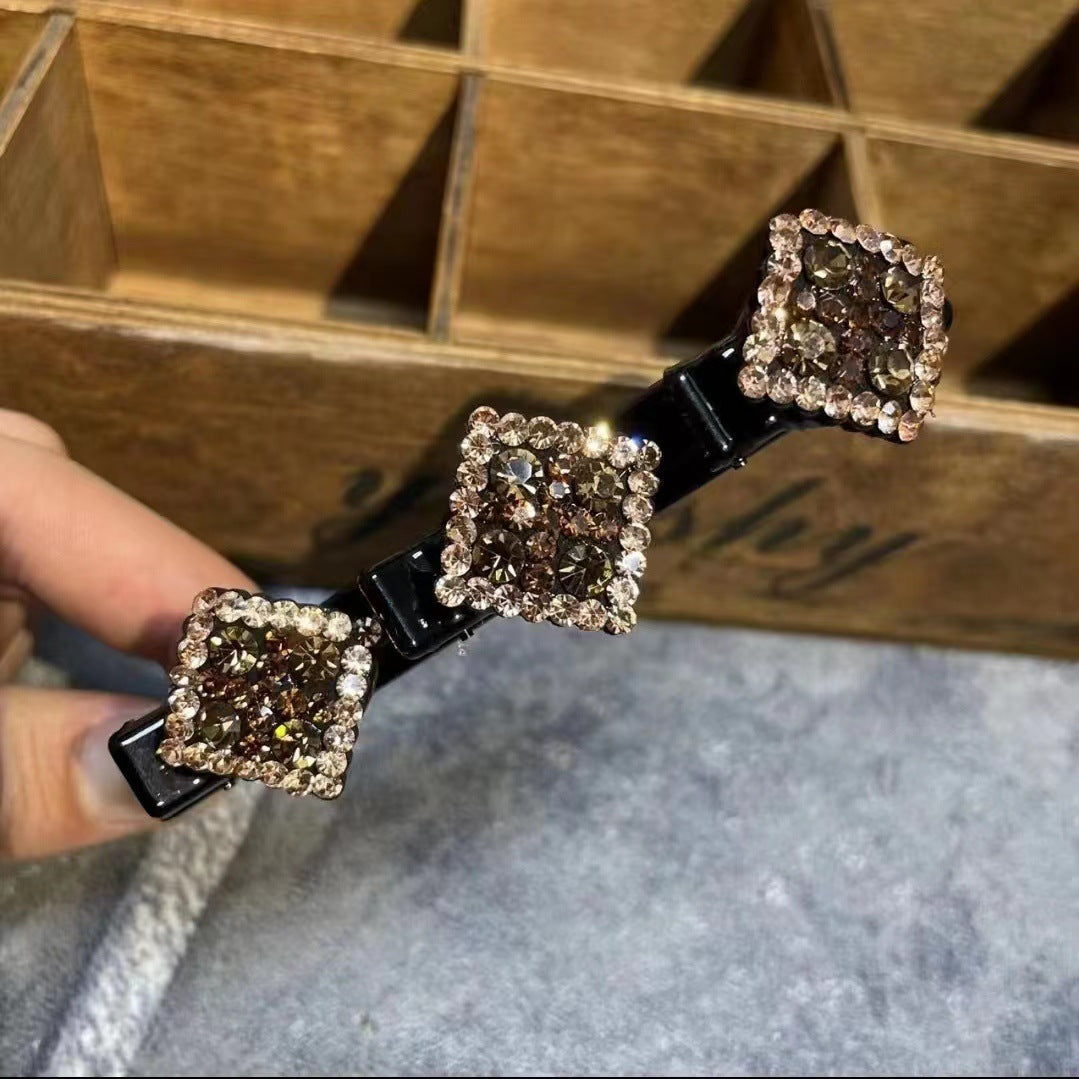 Two Square Rhinestones Braided Duck Beak Clip