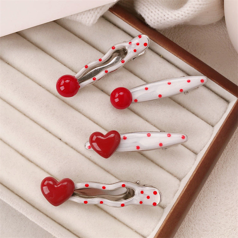 Red Stereo Love Heart-shaped Hairpin French Retro Dots Willow Leaf Clip