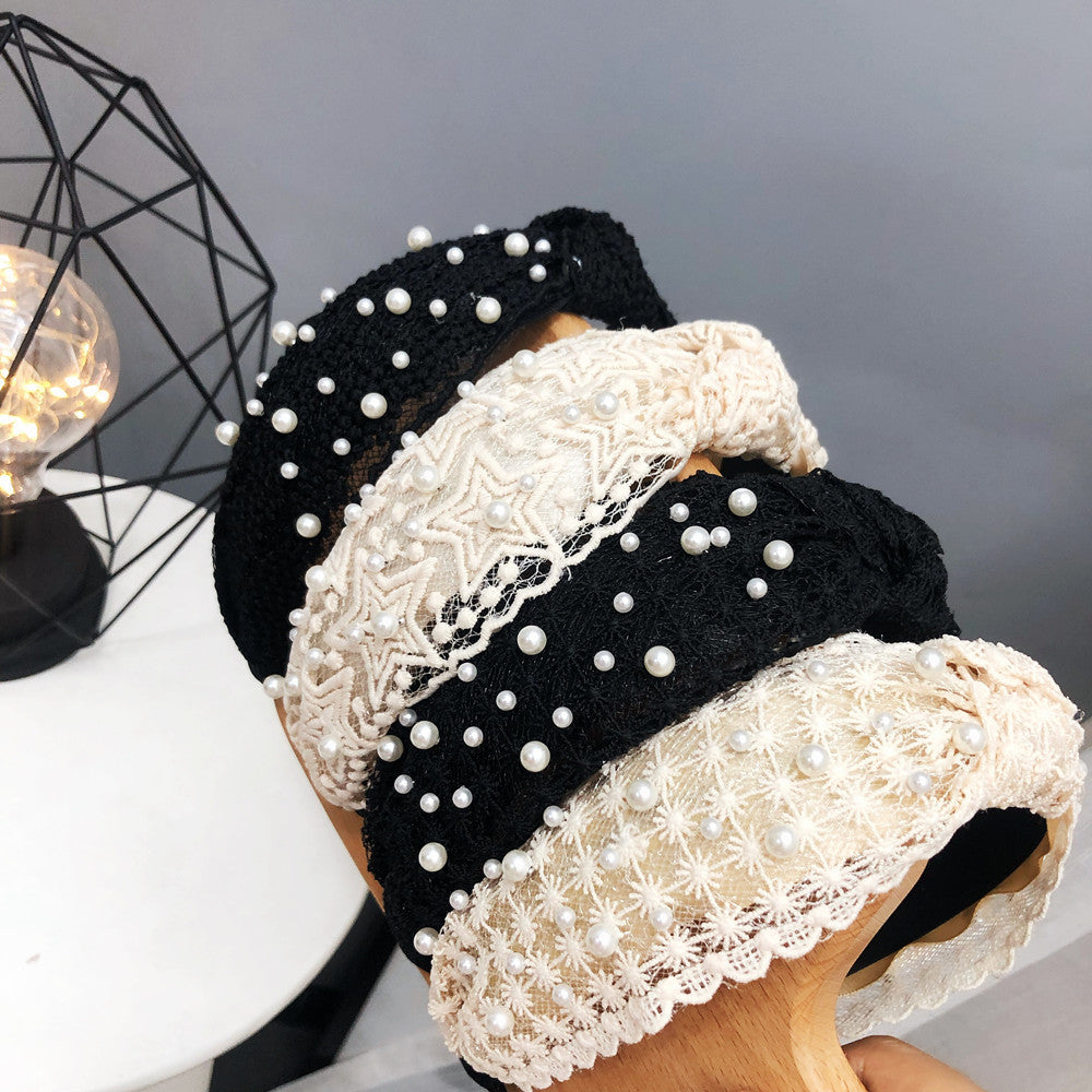Ladies Buckle Pearl Lace Knotted Headband