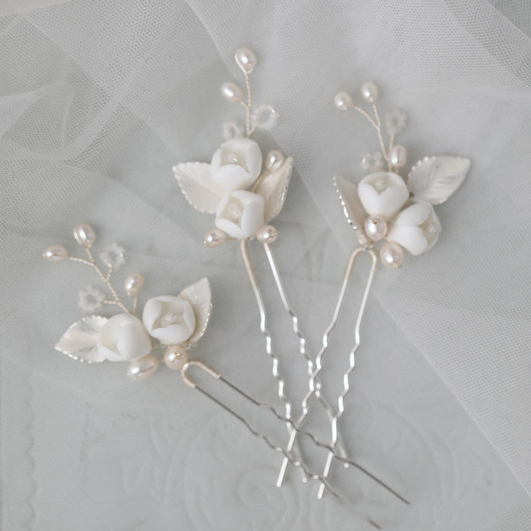 Bridal Ceramic Flower Natural Pearl Hair Fork