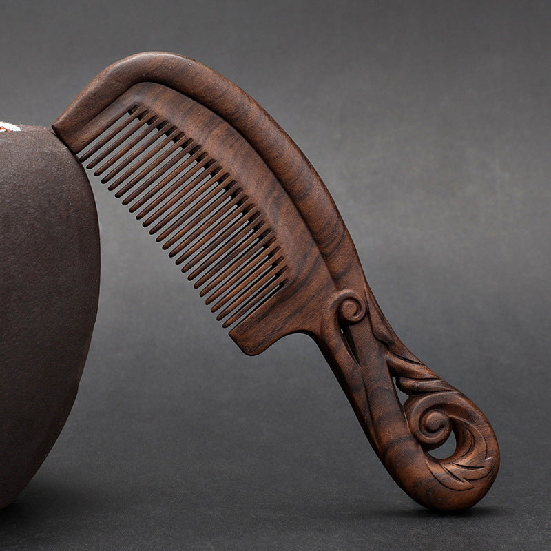 Wooden Ebony With Handle 180 Double-sided Carved Comb