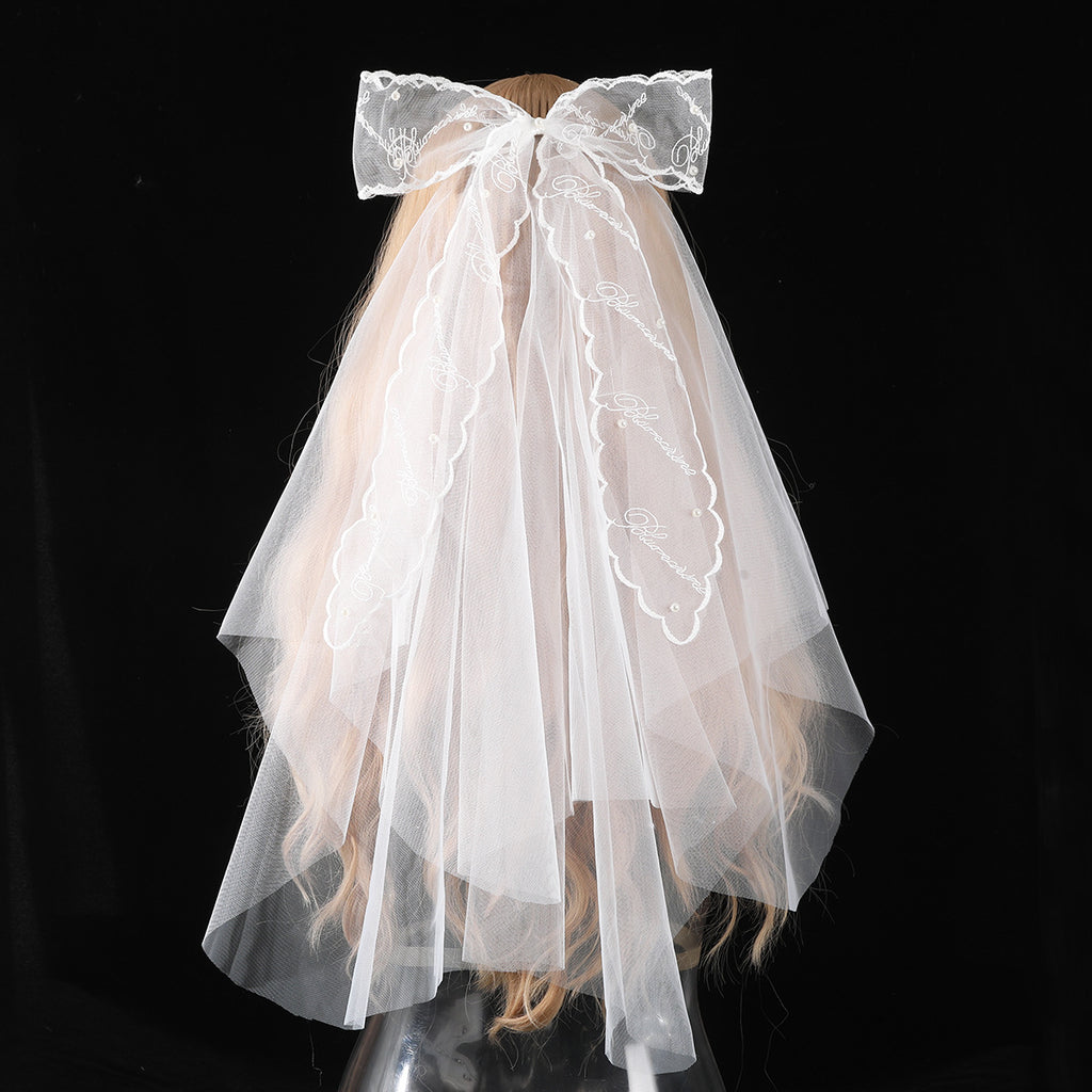Ribbon Big Bow White Veil Hair Comb Wedding Bride