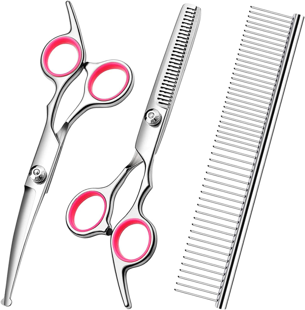 Dog Grooming Scissors With Safety Round Tips Stainless Steel Professional Dog Grooming Kit Thinning Curved Scissors And Comb For Dog Cat Pet