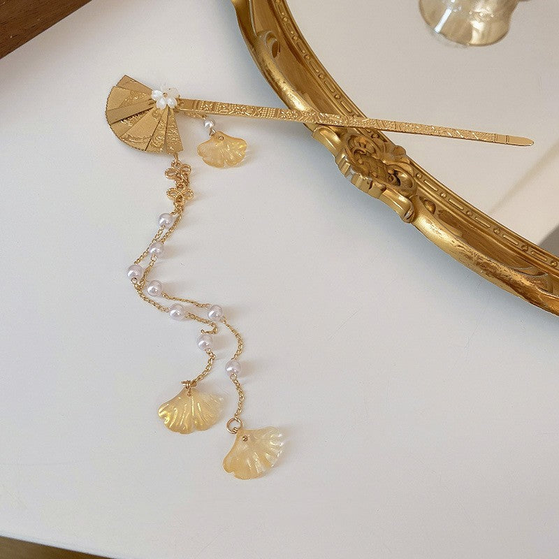 Chinese Wind Fan Flower Pearl Tassel Hairpin