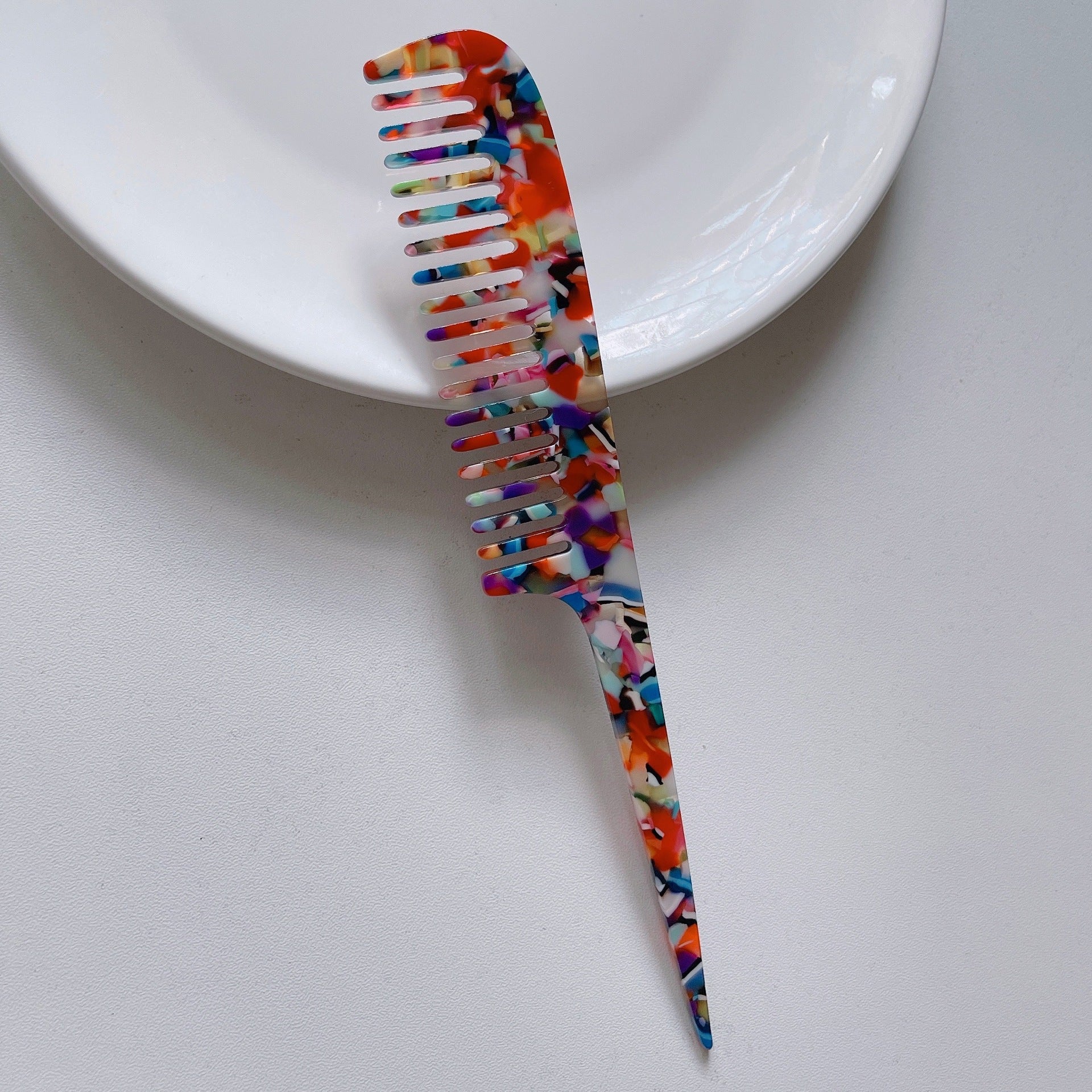 Simple Marble Texture Acetate Long Handle Pointed Tail Comb