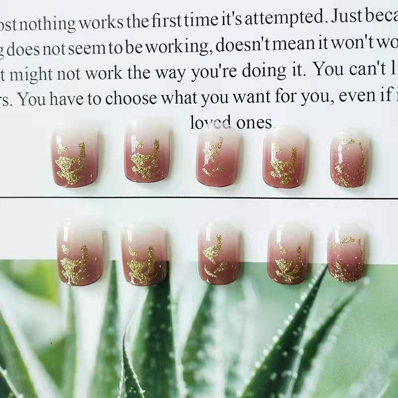 Long Milk Tea Color Gradient Gold Foil Fake Nail Patch Net Red Finished Nail Sticker