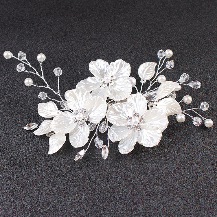 New Bride Wedding White Shell Petals Pearl Crystal Hairpin Ornament