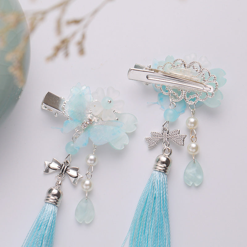 Colorful Flower Hairpin Butterfly Tassel Pair Clip