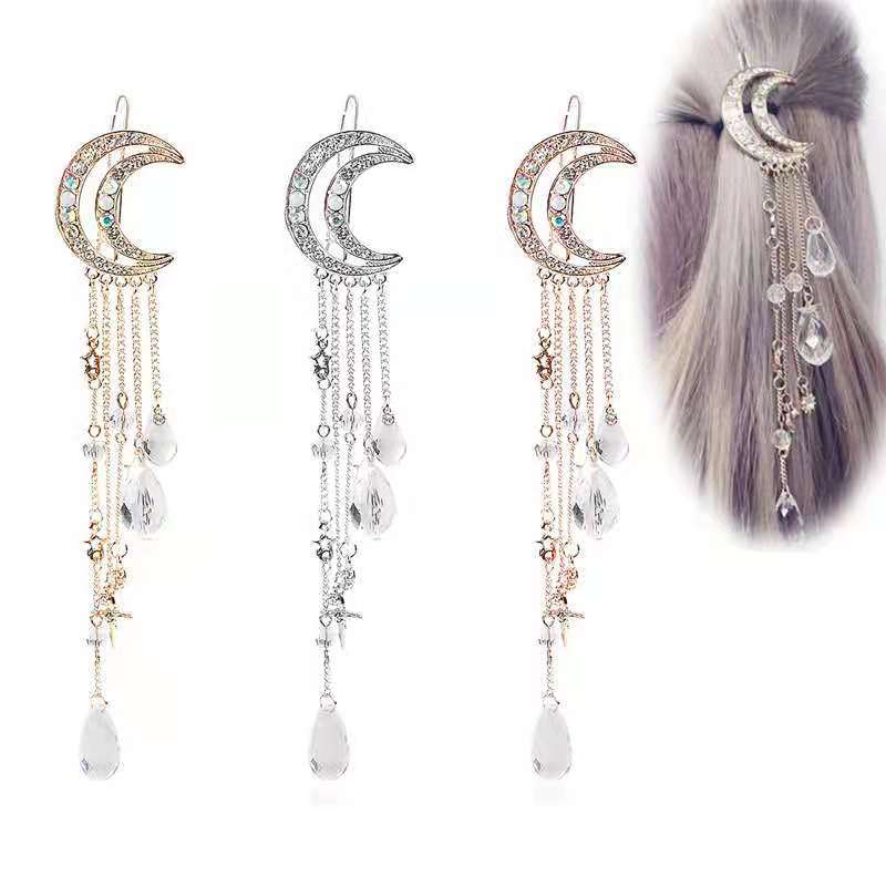 Diamond Studded Moon Tassel Five-pointed Star Pendant Side Clip