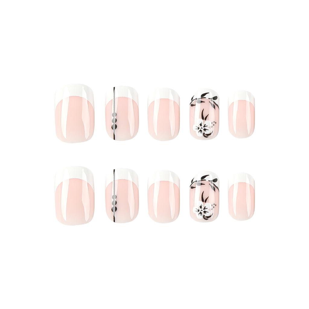 French Flower Black Leaf Short Manicure Wear Nail Tip