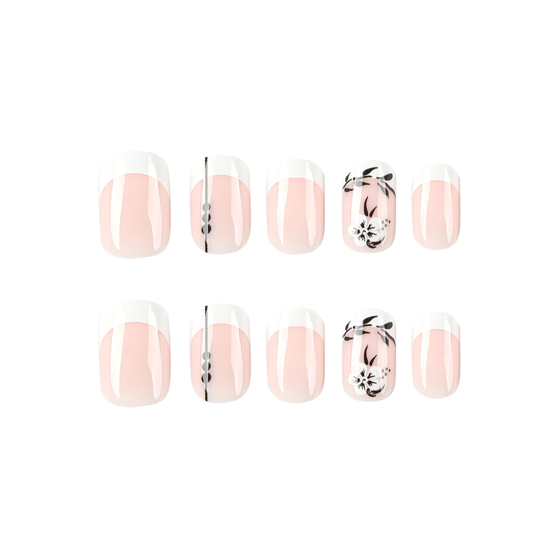 French Flower Black Leaf Short Manicure Wear Nail Tip
